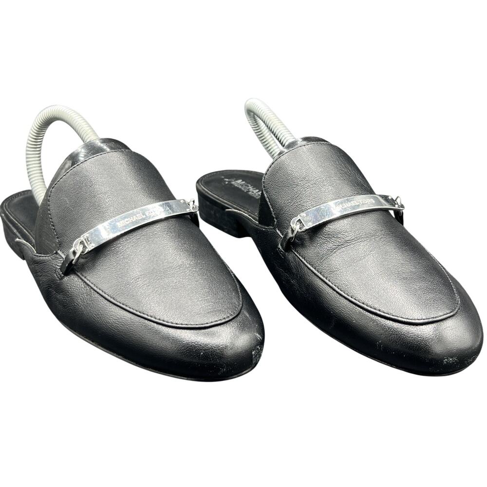 🖤 Michael Kors 8M Black Leather Mule Loafers Silver Bit Preppy Office 90s